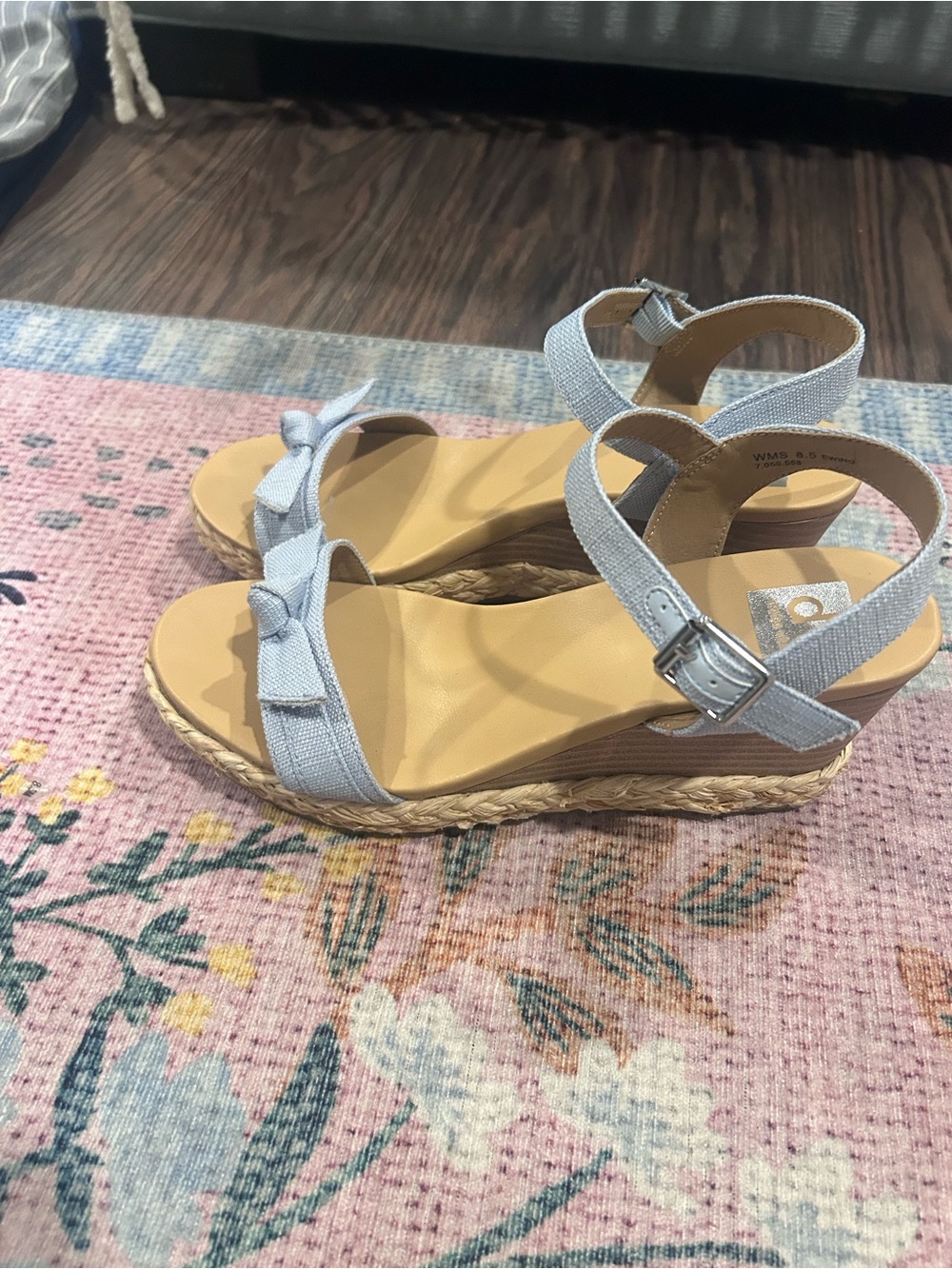 Light Blue Fabric Bow Espadrille Wedge Sandals for Women